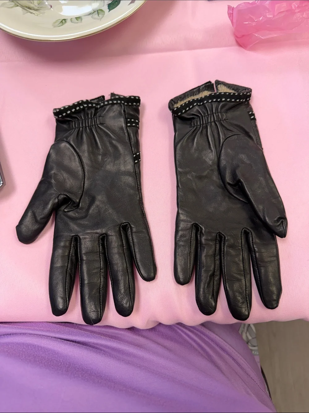 Ann Taylor Black Leather Gloves with Polka-Dot Bow Trim